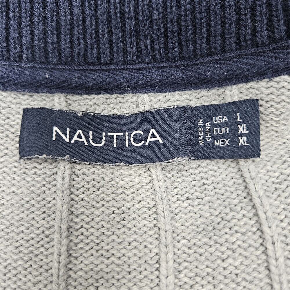 Nautica 1/4 Zip Sweater Double Striped Ribbed Grey W/ White Men's Size L - Picture 5 of 5